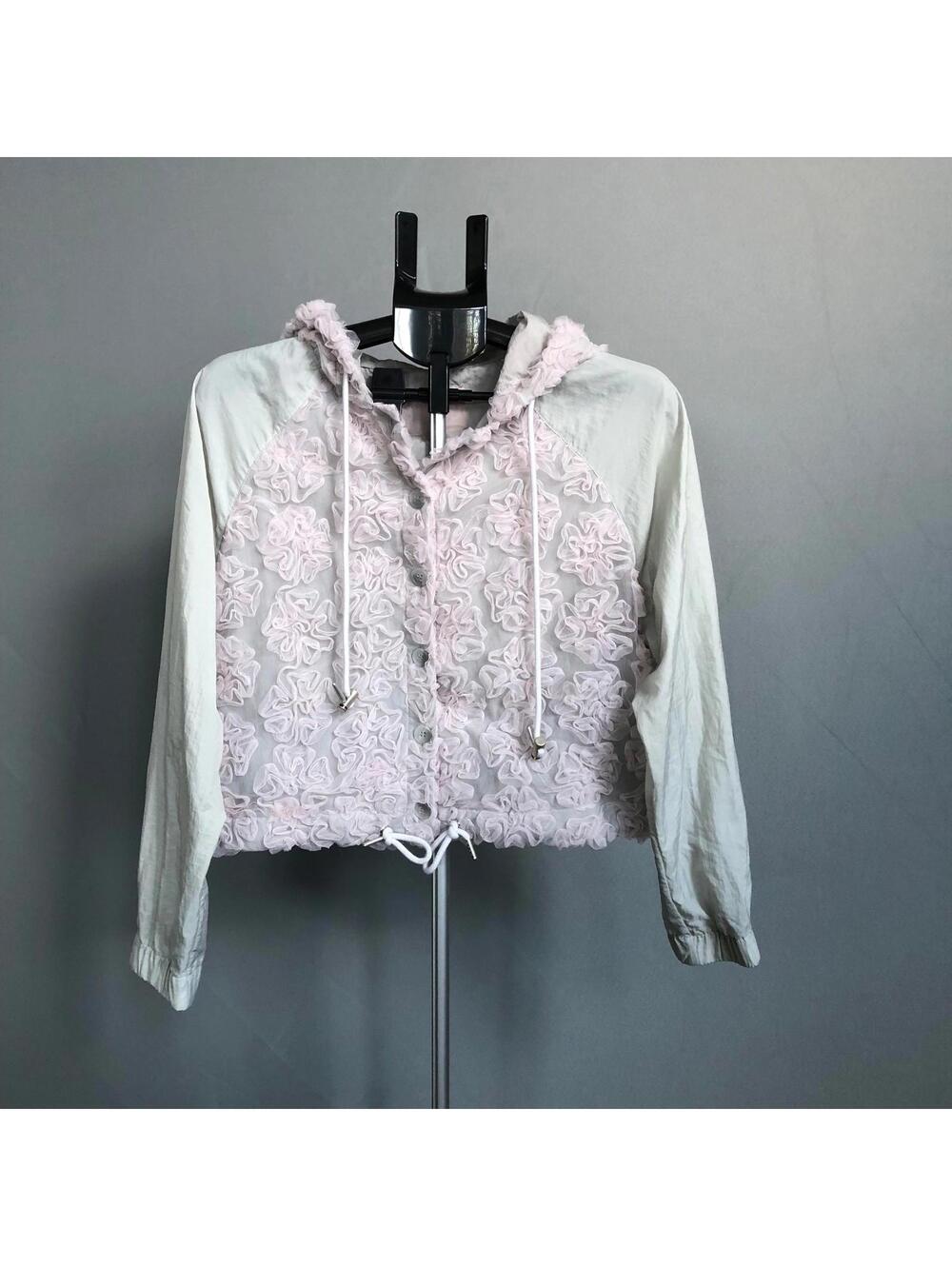siweol.107 Tulle Ruffle Crop Hoodie Jacket Gray Pink One Size Korean Fashion